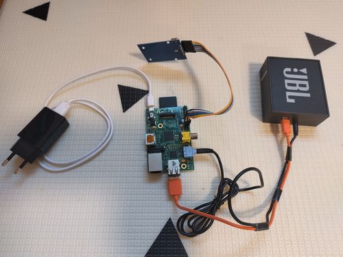Raspberry Pi is connected with the JBL speakers, card reader, SD card and is ready to be plugged into the wall