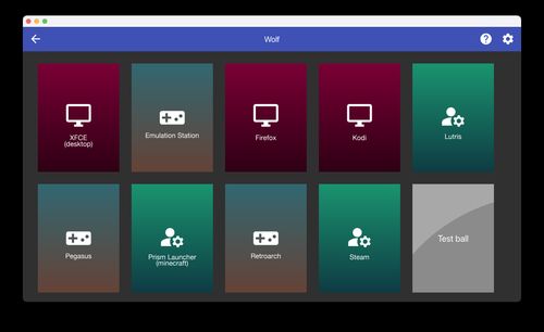 A screenshot of the moonlight client featuring applications like Steam, RetroArch, Firefox, Kodi, XFCE (Desktop), ...