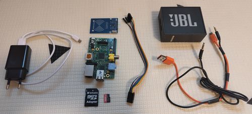 Raspberry Pi 1, JBL speaker, card reader, SD card, USB and AUX cables, jumper cables, SD card adapter, MicroSD card